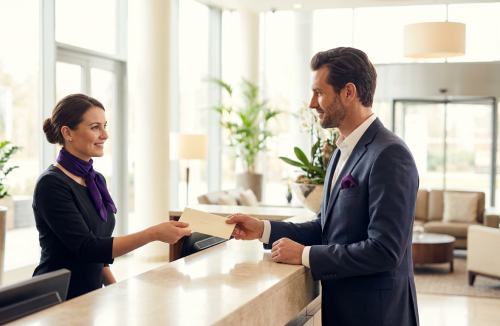 Администратор front office проводит check-in VIP-гостя у стойки регистрации