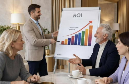 Управляющий отеля презентует собственнику ROI внедрения ИИ с калькулятором экономии